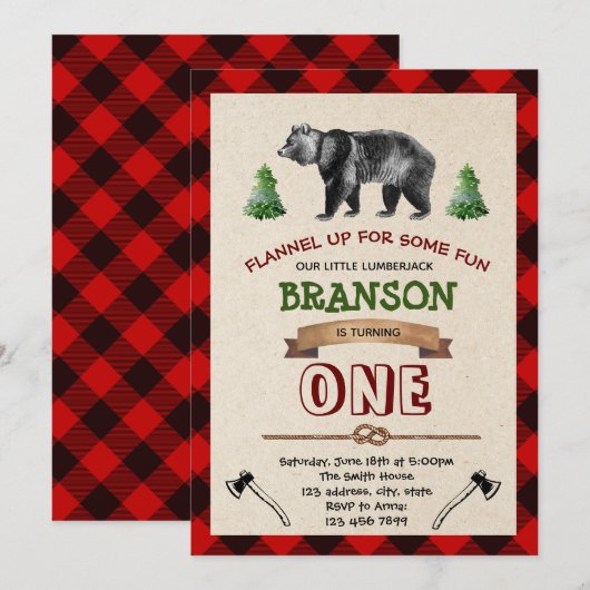 Lumberjack First Birthday Invitation Kaart (Voorkant / Achterkant)