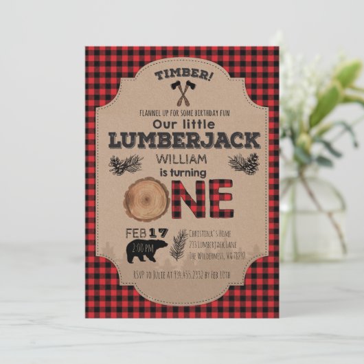 Lumberjack First Birthday Invitation Kaart (Staand voorkant)