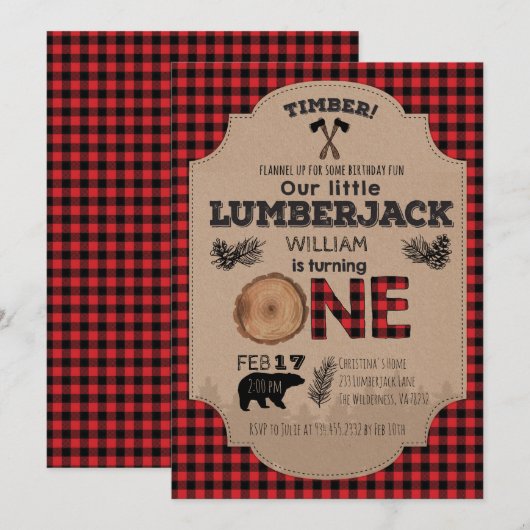 Lumberjack First Birthday Invitation Kaart (Voorkant / Achterkant)