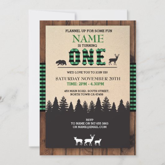 Lumberjack First Birthday ONE Green Check Invite Kaart (Voorkant)