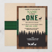 Lumberjack First Birthday ONE Green Check Invite Kaart (Voorkant / Achterkant)