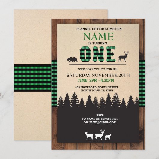 Lumberjack First Birthday ONE Green Check Invite Kaart (Voorkant / Achterkant)