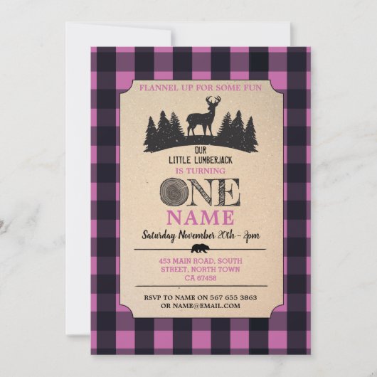 Lumberjack First Birthday ONE Pink Flannel Invite Kaart (Voorkant)