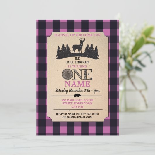 Lumberjack First Birthday ONE Pink Flannel Invite Kaart (Staand voorkant)