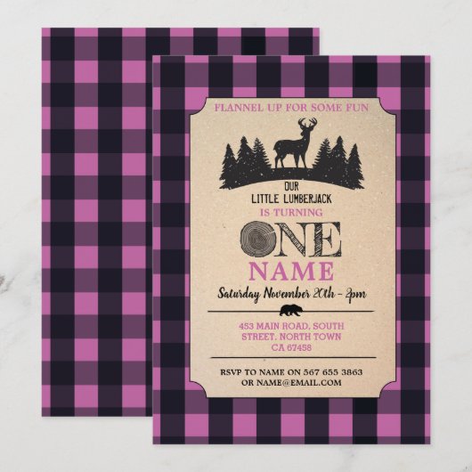 Lumberjack First Birthday ONE Pink Flannel Invite Kaart (Voorkant / Achterkant)