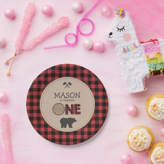 Lumberjack First Birthday Paper Borden Red Pset Papieren Bordje (Feest)
