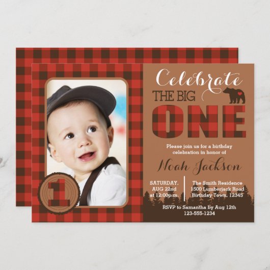 Lumberjack First Birthday Party Invitation Kaart (Voorkant / Achterkant)