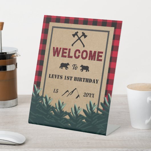 Lumberjack First Birthday, Wild One Welcome Sign Reclamebord Met Voetstuk (Insitu)