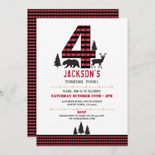 Lumberjack Flannel 4th 4 Birthday Party Invitation Kaart (Voorkant / Achterkant)