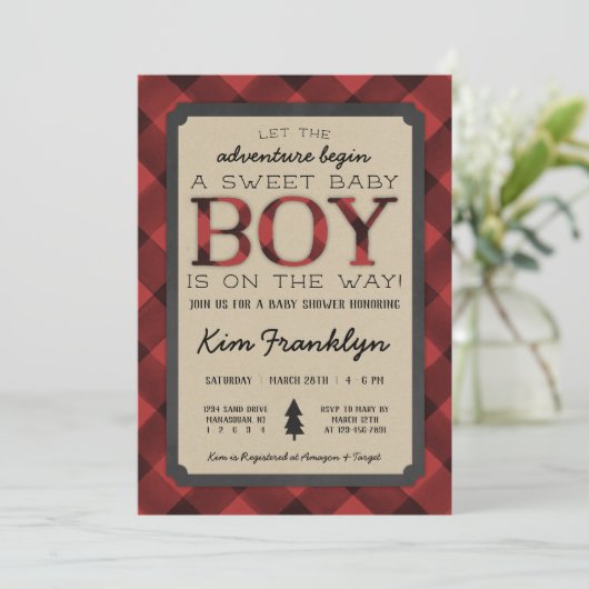 Lumberjack Flannel Boy Baby shower Invitation Aankondiging (Staand voorkant)