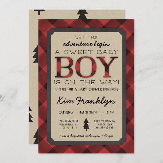 Lumberjack Flannel Boy Baby shower Invitation Aankondiging (Voorkant / Achterkant)