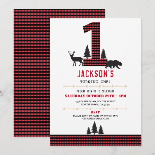 Lumberjack Flannel First One Birthday Party Invite Kaart (Voorkant / Achterkant)