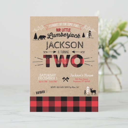 Lumberjack Flannel Second Birthday Invitation Kaart (Staand voorkant)