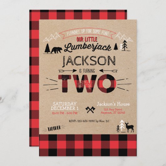 Lumberjack Flannel Second Birthday Invitation Kaart (Voorkant / Achterkant)
