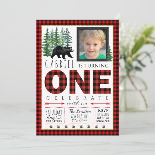 Lumberjack foto eerste verjaardagsfeest uitnodigin kaart (Staand voorkant)