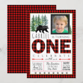 Lumberjack foto eerste verjaardagsfeest uitnodigin kaart (Voorkant / Achterkant)