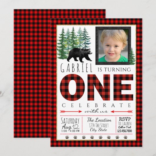 Lumberjack foto eerste verjaardagsfeest uitnodigin kaart (Voorkant / Achterkant)