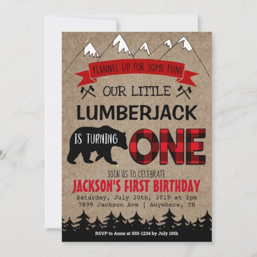 Lumberjack Jongens Eerste Verjaardag Uitnodiging (Voorkant)
