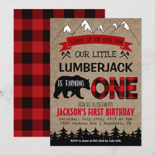 Lumberjack Jongens Eerste Verjaardag Uitnodiging (Voorkant / Achterkant)