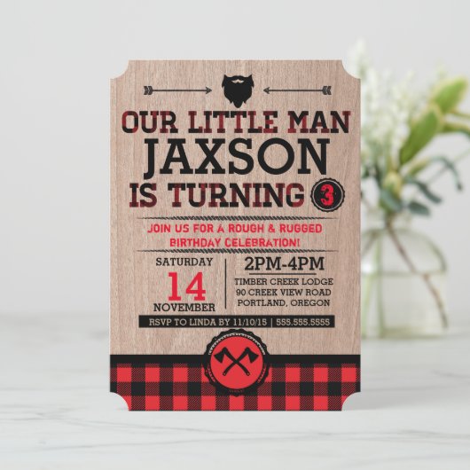 Lumberjack kinderen jarig, vleid rustig klein man kaart (Staand voorkant)