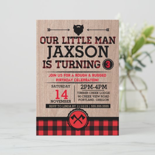 Lumberjack kinderen jarig, vleid rustig klein man kaart (Staand voorkant)