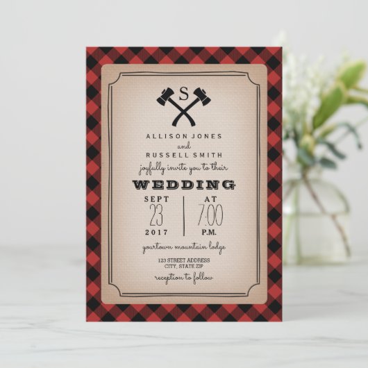 Lumberjack Monogram Ax Buffalo Play Wedding Kaart (Staand voorkant)