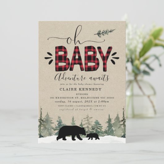 Lumberjack Oh Baby Flannel Baby shower Uitnodiging (Staand voorkant)