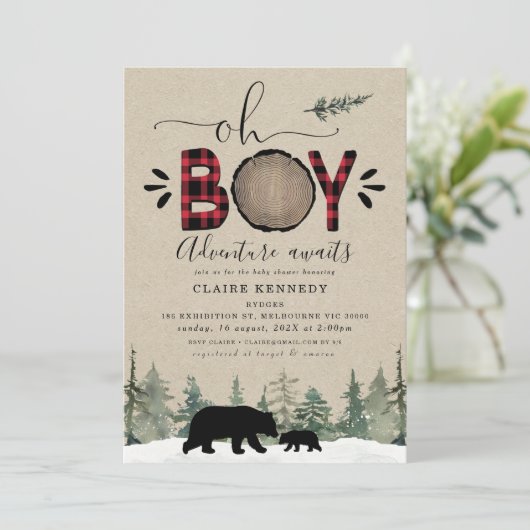 Lumberjack Oh Boy Flannel Baby shower Uitnodiging (Staand voorkant)