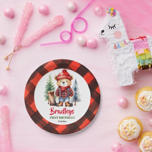Lumberjack party servies leuke teddybeer papieren bordje (Feest)