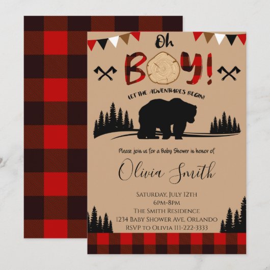 Lumberjack Plaid Baby shower Boy Invite Kaart (Voorkant / Achterkant)