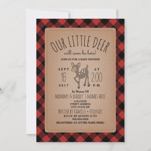 Lumberjack Plaid Herten Baby shower Invitation Kaart (Voorkant)