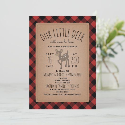 Lumberjack Plaid Herten Baby shower Invitation Kaart (Staand voorkant)