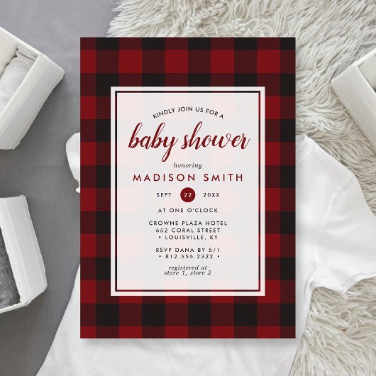 Lumberjack Plaid Rood Zwart Rustiek Baby shower Kaart