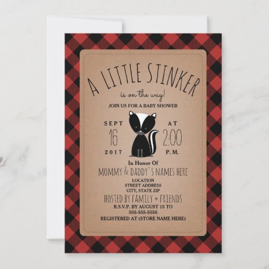 Lumberjack Plaid Skunk Baby shower Invitation Kaart (Voorkant)