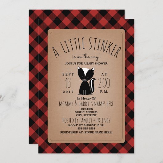Lumberjack Plaid Skunk Baby shower Invitation Kaart (Voorkant / Achterkant)