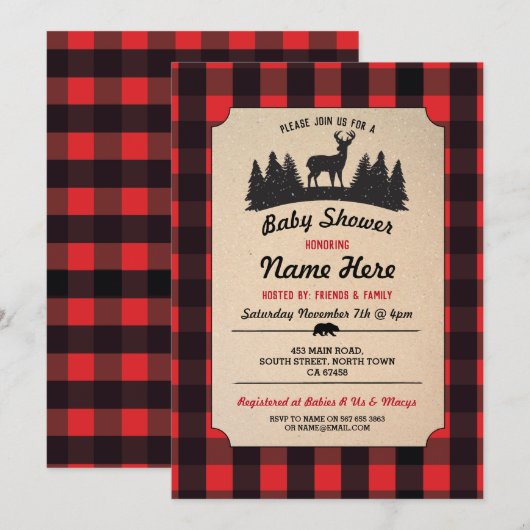 Lumberjack Red Baby shower Woodland Invite Kaart (Voorkant / Achterkant)