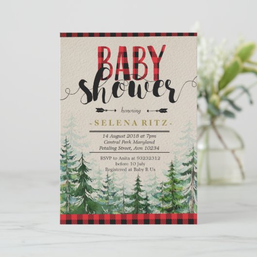 Lumberjack Red Plaid Boy Baby shower Uitnodiging (Staand voorkant)