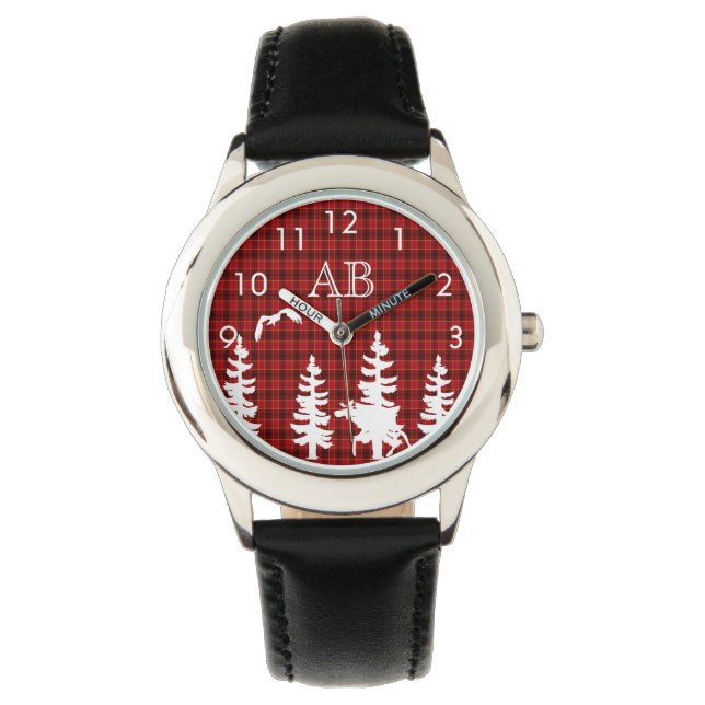 Lumberjack red plaid white wildlife silhouhetto horloge (Voorkant)