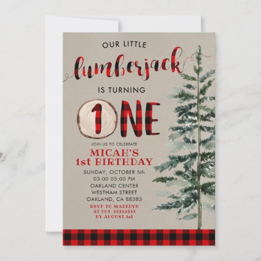 Lumberjack Red Pset First Birthday Invitation Kaart (Voorkant)
