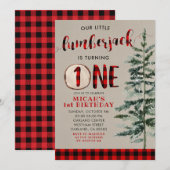 Lumberjack Red Pset First Birthday Invitation Kaart (Voorkant / Achterkant)