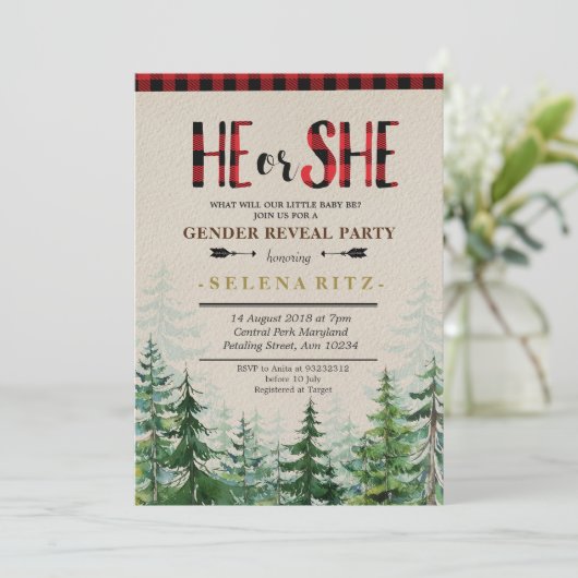 Lumberjack rood geruite geslacht onthullen uitnodi kaart (Staand voorkant)