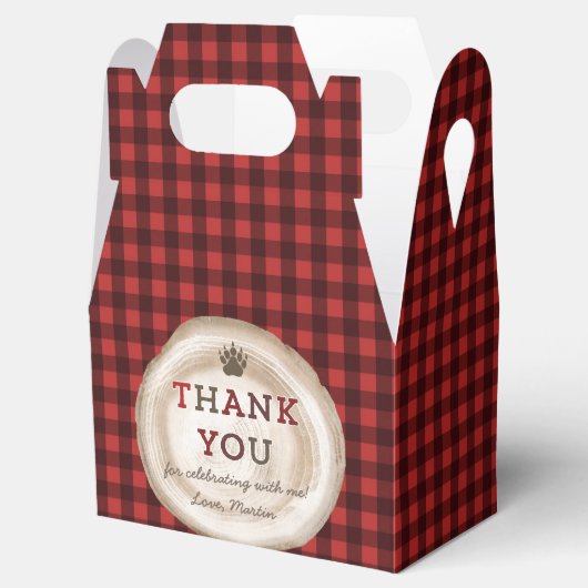 Lumberjack rood zwart buffel geruite boomstronk bedankdoosjes (Geopend)