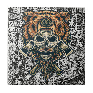 Lumberjack Schedel met Beren Pet – Bold Retro Tegeltje