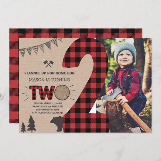 Lumberjack Second Birthday Invitation Pset 2de Kaart (Voorkant / Achterkant)