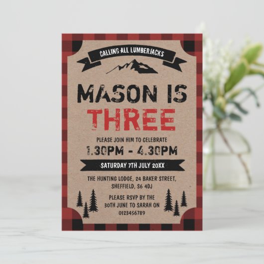 Lumberjack thema uitnodiging verjaardagsfeestje (Staand voorkant)