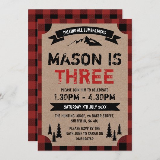 Lumberjack thema uitnodiging verjaardagsfeestje (Voorkant / Achterkant)