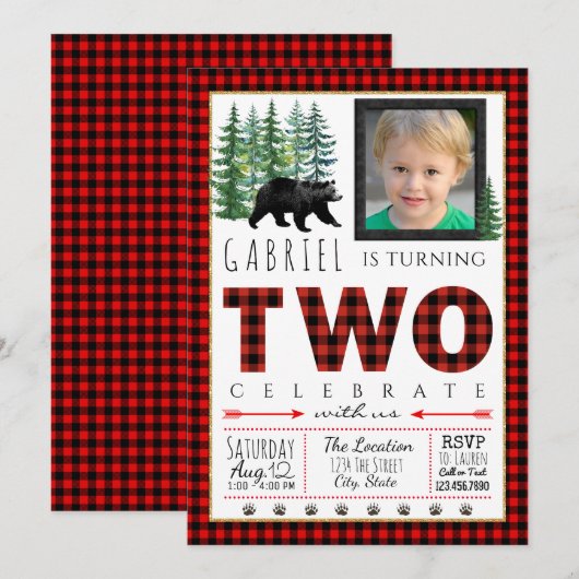 Lumberjack uitnodigingen voor een tweede verjaarda (Voorkant / Achterkant)