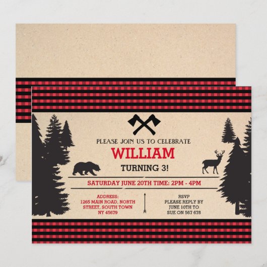 Lumberjack Verjaardag Nodig Red Woodland Uitnodigi Kaart (Voorkant / Achterkant)