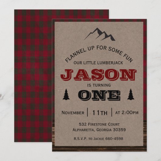 Lumberjack Verjaardag Uitnodiging Berg (Voorkant / Achterkant)