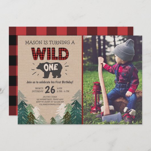 Lumberjack Verjaardag Uitnodiging Wild One Forest (Voorkant / Achterkant)